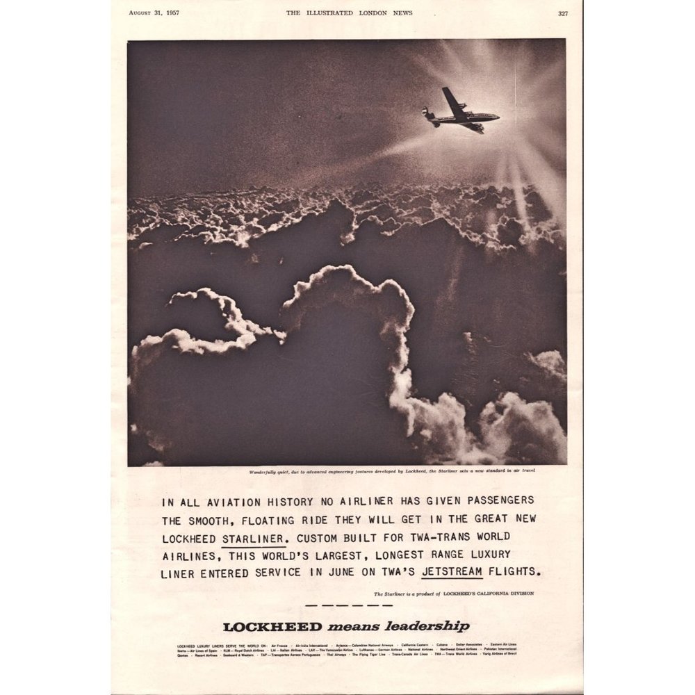 1957 Lockheed Starliner Airplane in Clouds Over Ocean Vintage Print Ad Wall Art